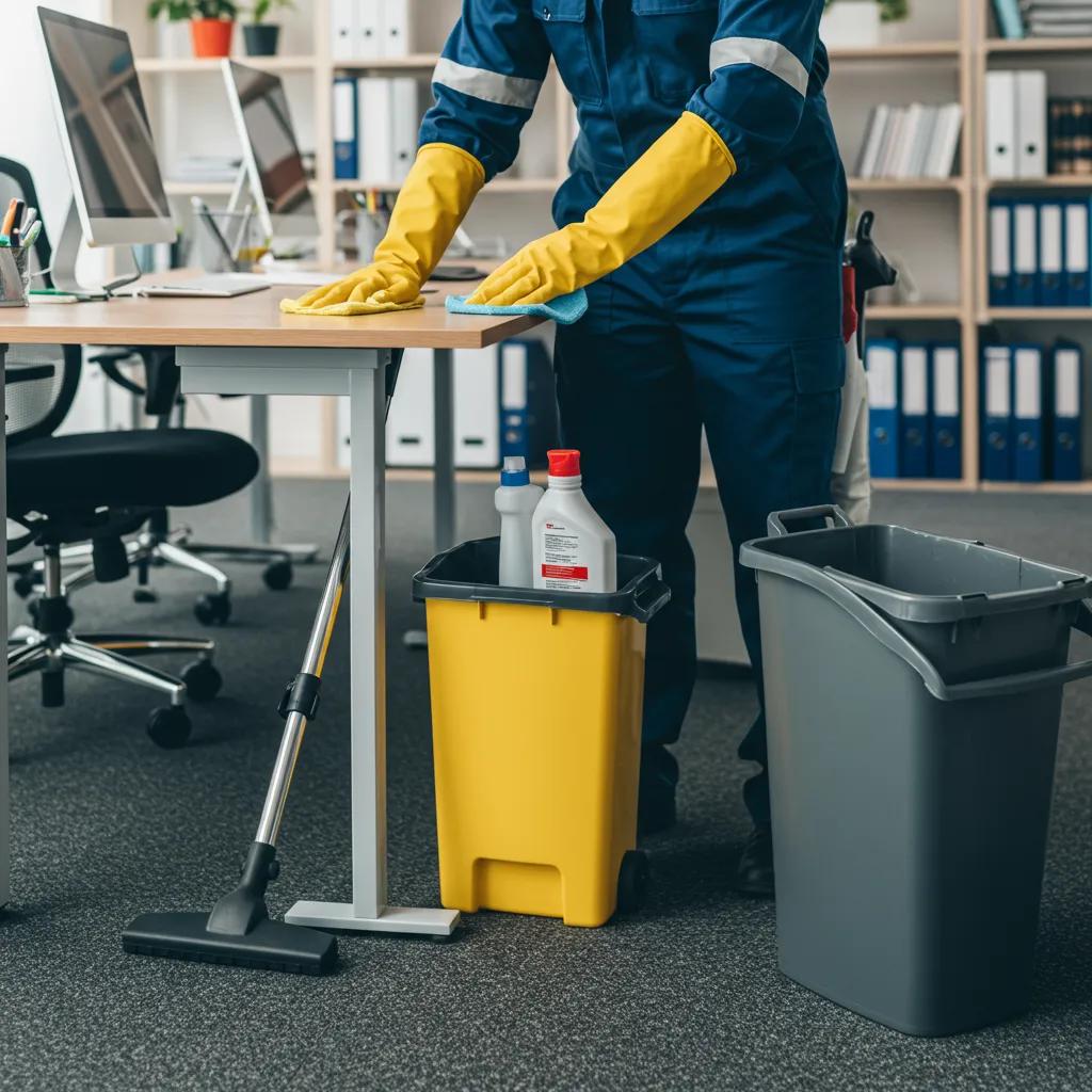 Janitor performing daily cleaning tasks in a spotless office workspace